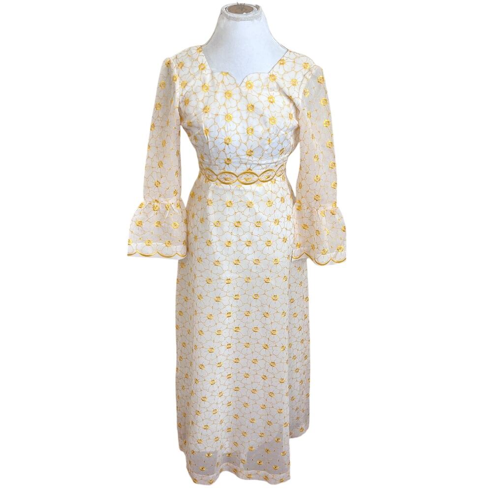 Vintage 60s‎ 70s Prairie Flower Daisy Maxi Dress Size S Peasant Cottage Hippie